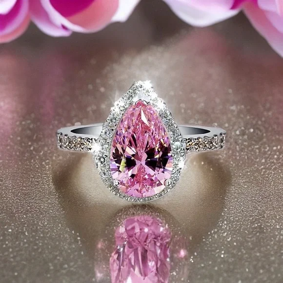 New! Women's 925 Sterling Silver Ring (Pink) Pear-shaped (Sizes 6 & 7) - Picture 1 of 6